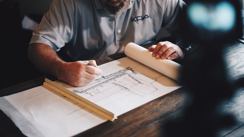 Architect reviewing construction blueprints on site